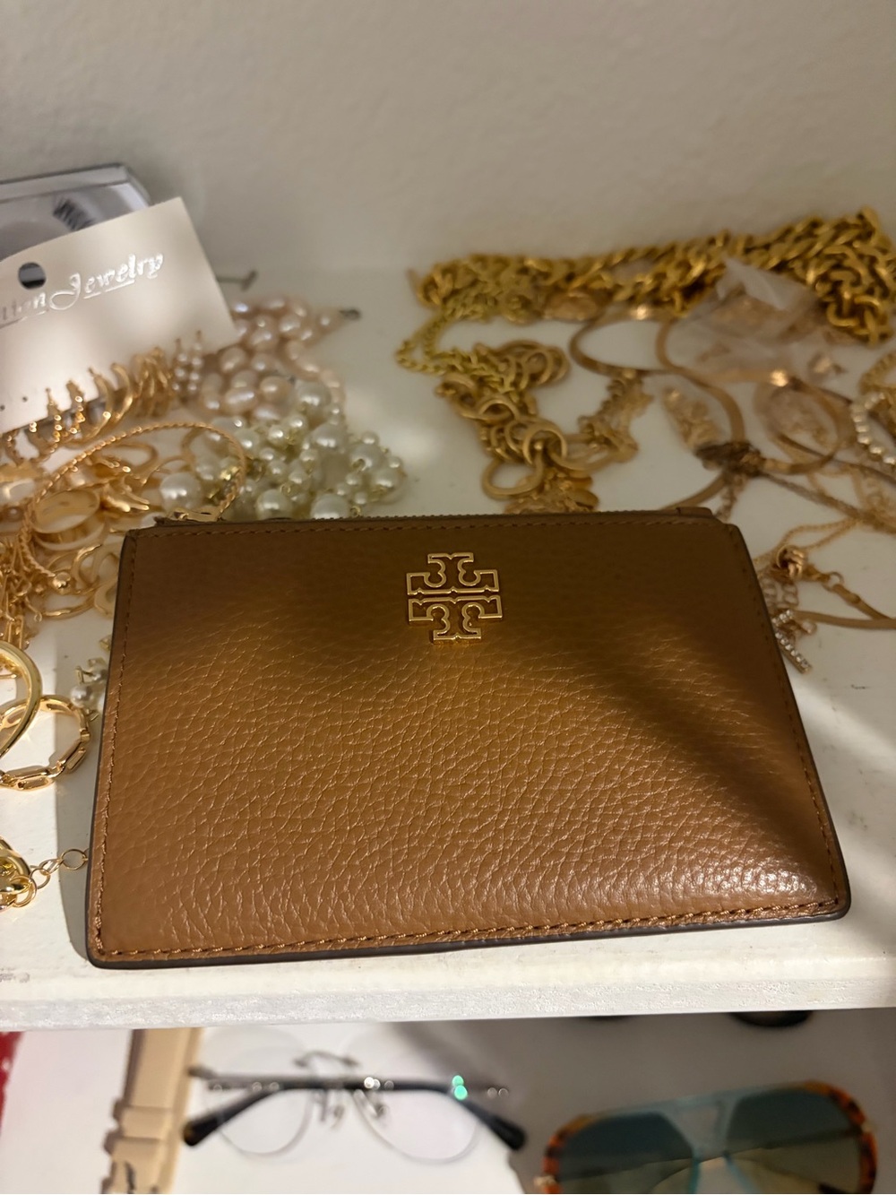 Tory Burch Brown Pebbled Leather Card Case with Gold Logo